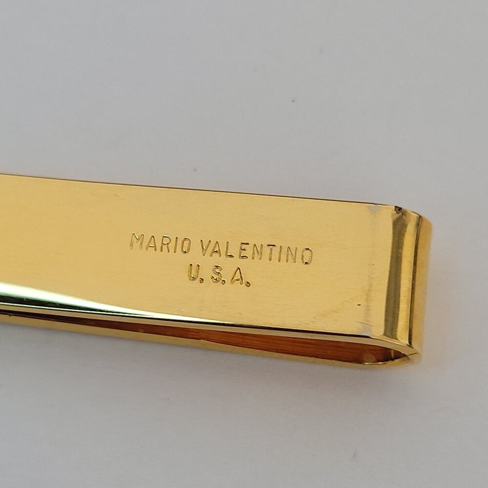 Mario Valentino MV USA Vintage Tack Tie Clasp Clip Bar Gold Red Black Retro Logo - Picture 4 of 5